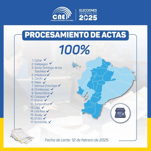CNE informa que en 17 provincias se llegó al 100% en el conteo de votos