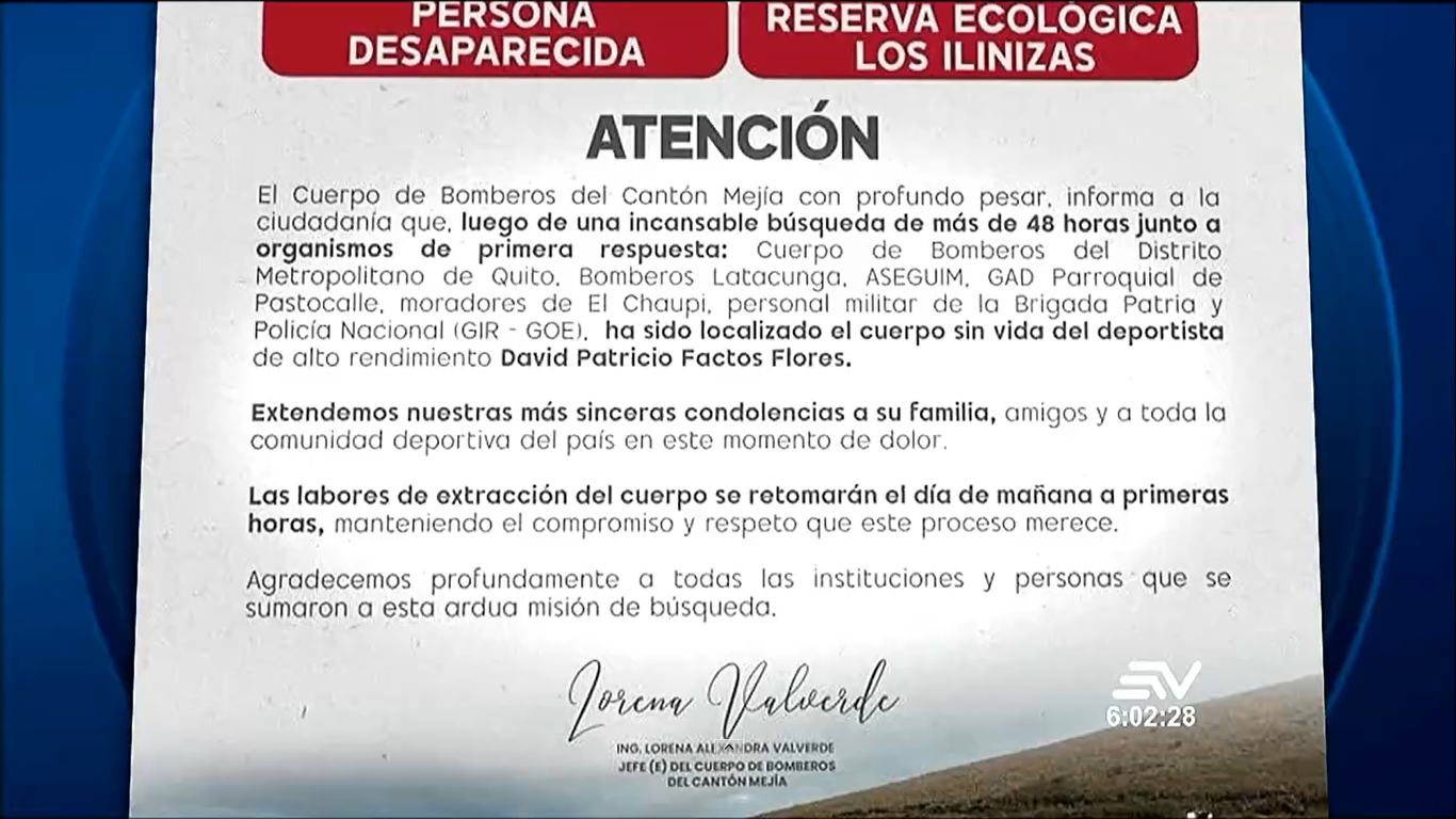 Los equipos prevén rescatar el cuerpo de Patricio Factos de la reserva de Los Ilinizas este miércoles 21 de mayo