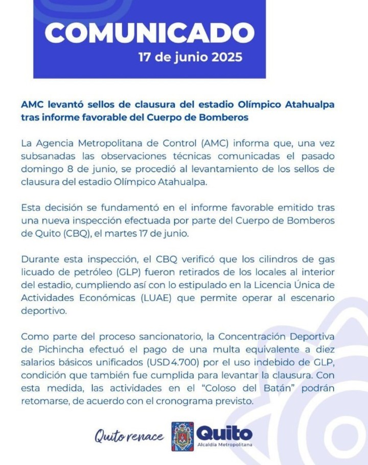 Levantaron la clausura del estadio Olímpico Atahualpa: ¿qué pasará con las localías de Deportivo Quito y El Nacional? 2 Levantaron la clausura del estadio Olímpico Atahualpa: ¿qué pasará con las localías de Deportivo Quito y El Nacional?