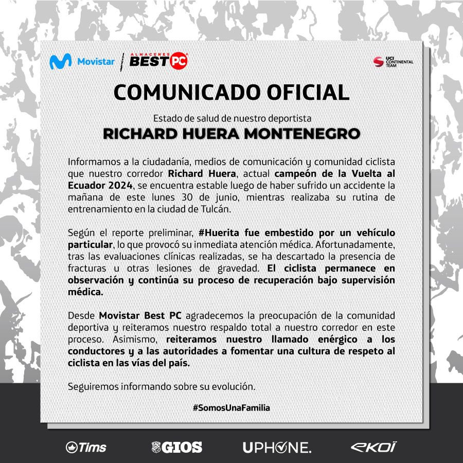 El ciclista Richard Huera, campeón de la Vuelta al Ecuador 2024, fue embestido por un auto mientras entrenaba 2 El ciclista Richard Huera, campeón de la Vuelta al Ecuador 2024, fue embestido por un auto mientras entrenaba